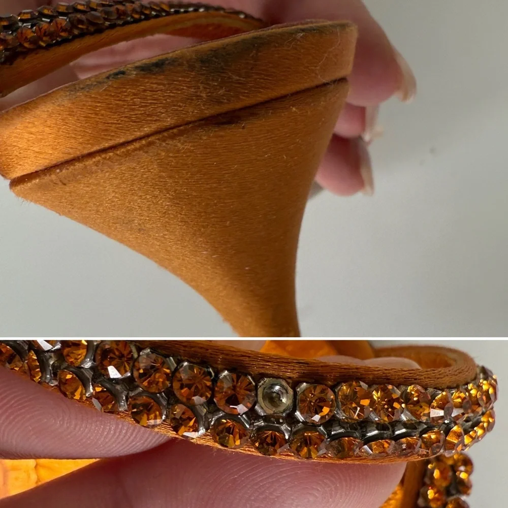 Caligarius Cometa Orange Satin Swarovski Crystal Heels Made in Italy Sz 37/ US 7 - Picture 9 of 12